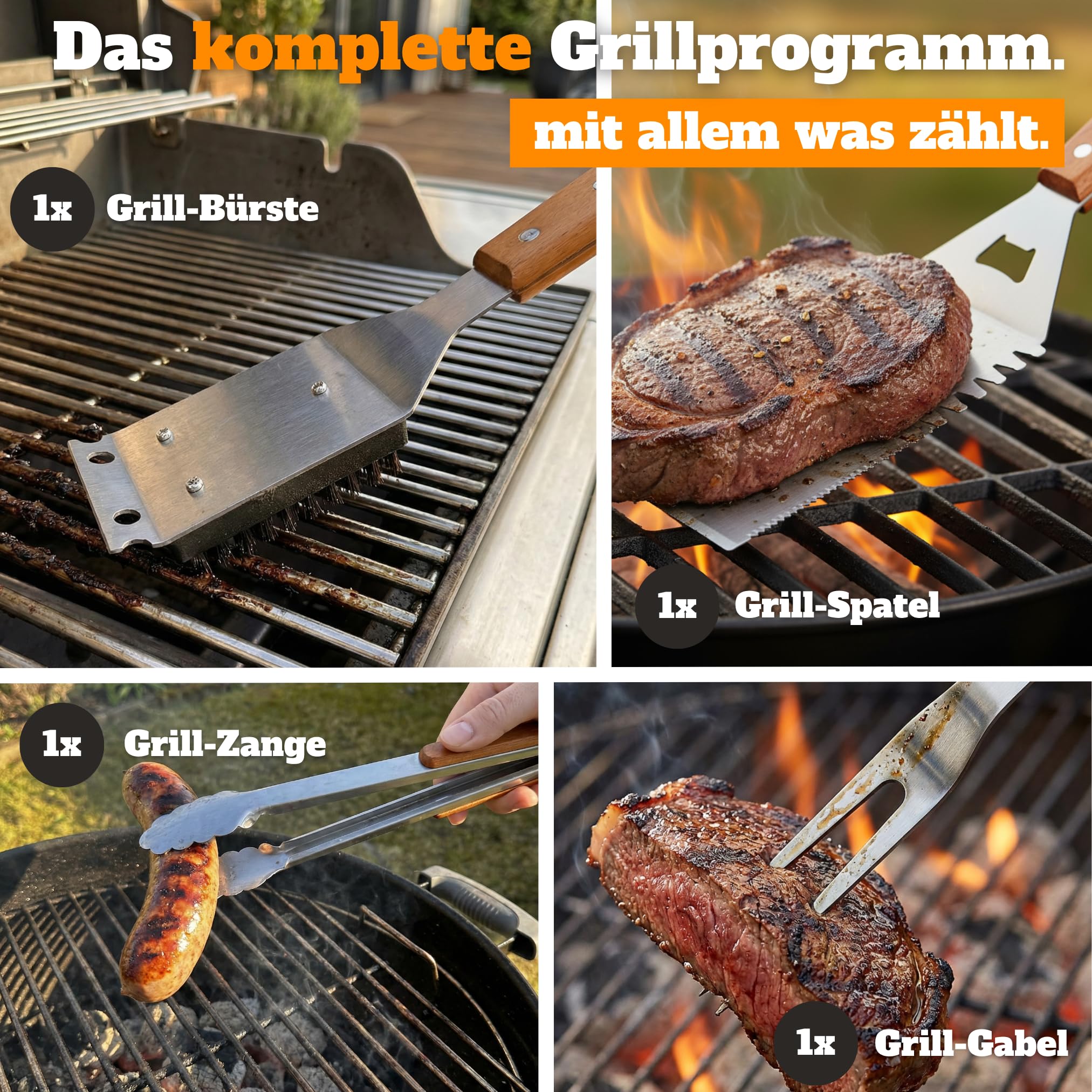 Grillset für Männer Geschenk - Premium Grill Set mit Ledertasche, Grillbesteck & Grillzubehör, Holzgriffe, 3 in 1 Wender mit Flaschenöffner und Schneidekante 6