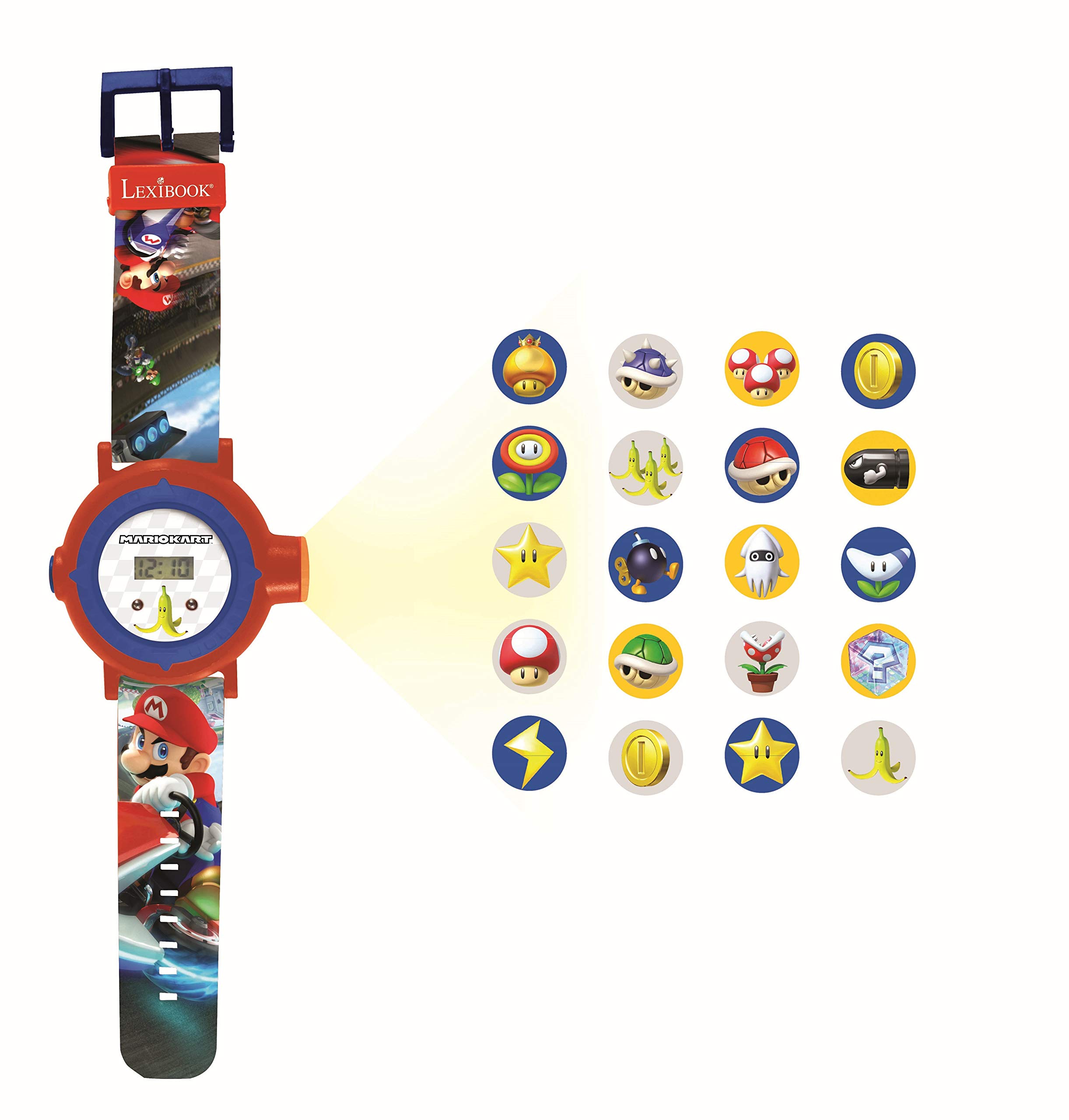 LEXIBOOK Nintendo Mario Kart Adjustable Projection Watch Digital Screen – 20 Images of Mario Kart – for Children/Boys - Red and Blue - DMW050NI