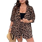 SOLY HUX Women's Plus Size Summer Vacation 2 Piece Outfits Leopard Print Open Front Half Sleeve Kimono and Shorts Set