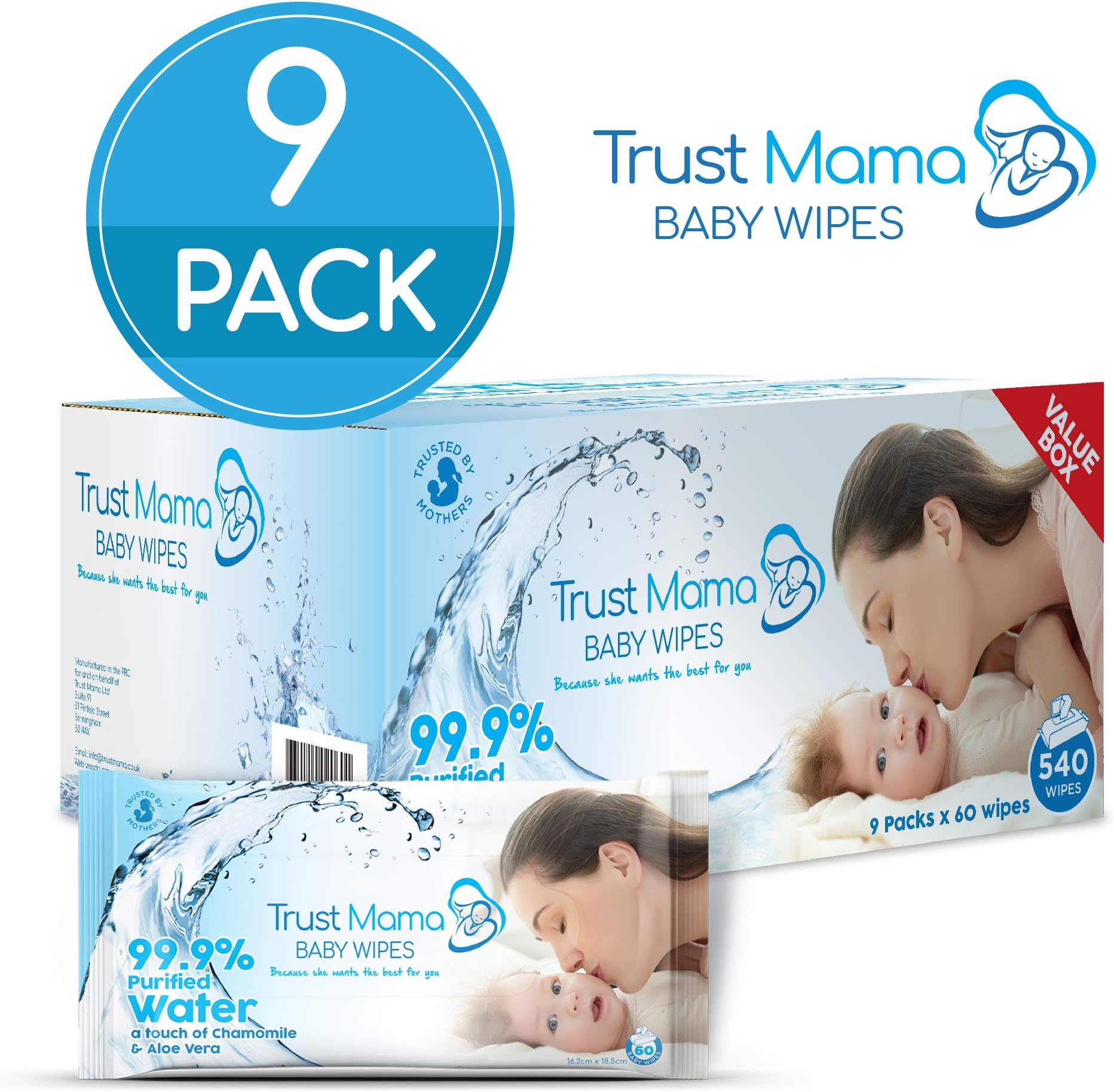 Trust Mama Water Wipes 99.9% Water Chemical Free For Sensitive Skin 9 Packs (540 Wipes)