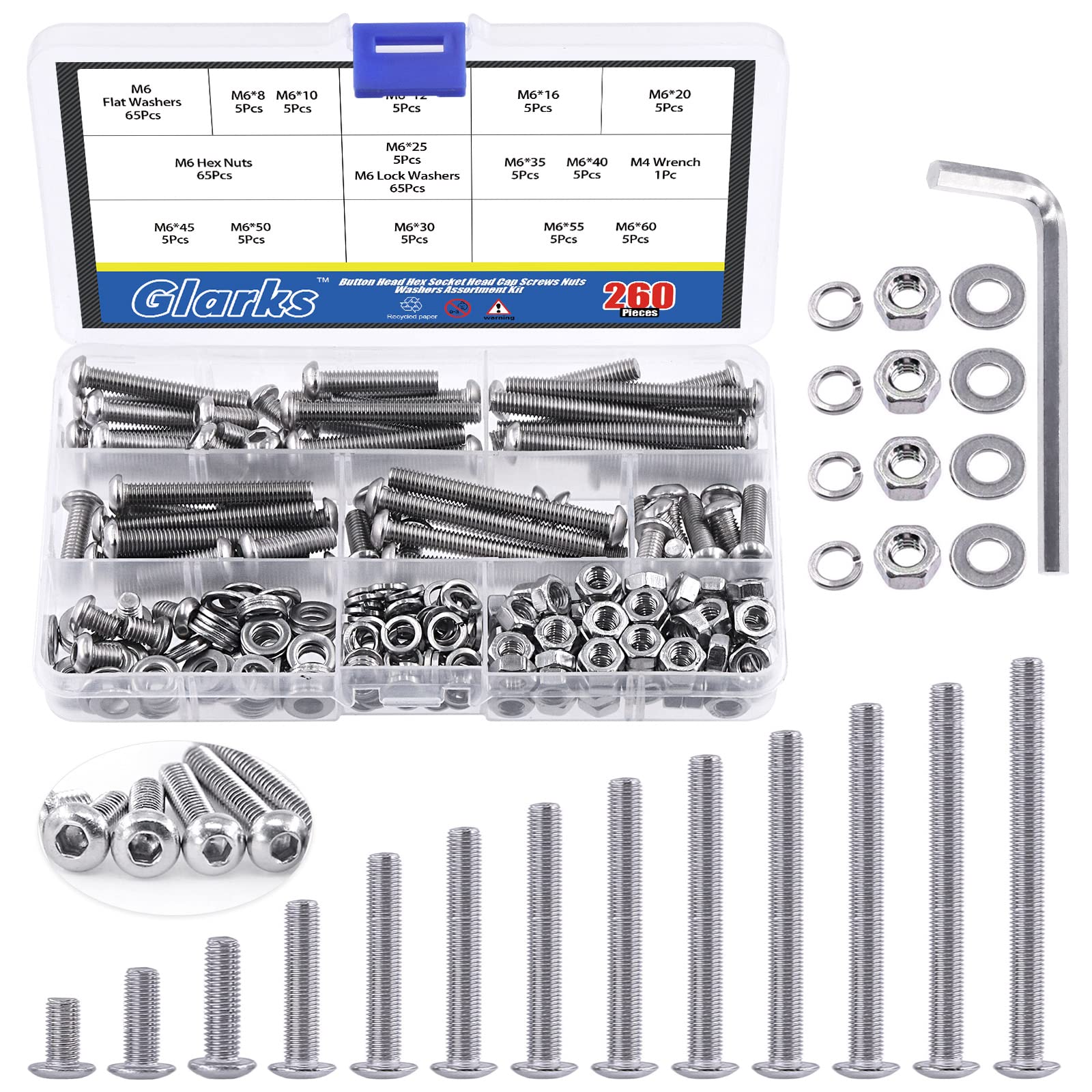 Glarks 260Pcs 13 Size M6 304 Stainless Steel Button Head Screws Hex Socket Cap Screws Bolts and Nuts Washers Assortment Kit with Hex Wrench for Machinery Furniture Car Repair