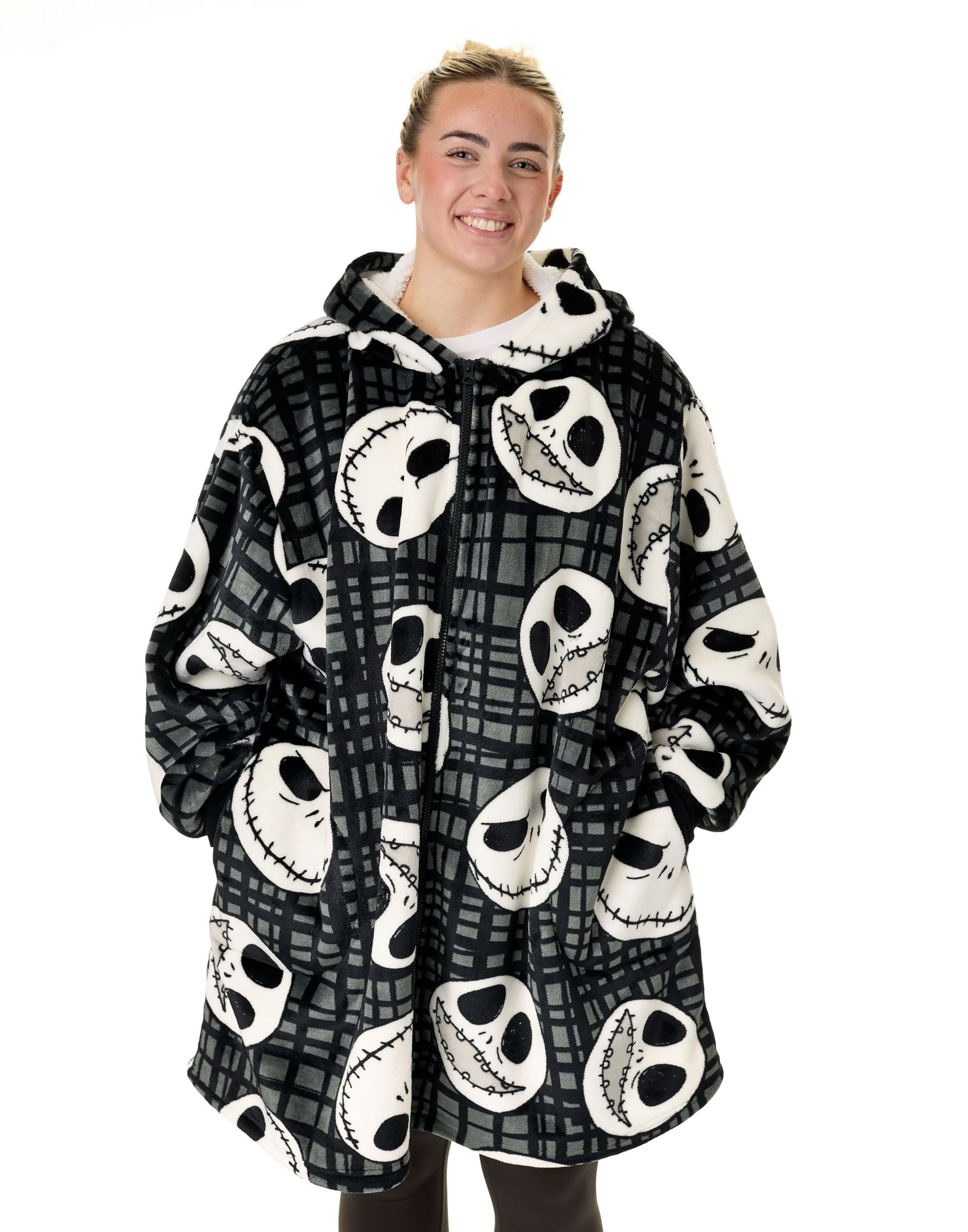 Disney The Nightmare Before Christmas Adults Wearable Blanket Hoodie | NMBC Zip Fleece Hooded Pullover in Black with Jack Skellington Character Print | Christmas Movie Loungewear Merchandise Gift