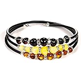 AMBERAGE Natural Baltic Amber Triple Wrap Bracelet for Women – Cognac, Matt & Dark Cherry – Handmade Almost Round Baroque Amber Beads (~4–7 mm) – Approx. 51–52 cm (20.07–20.47 inch) Elastic Multi-Layer Bracelet with Certificate