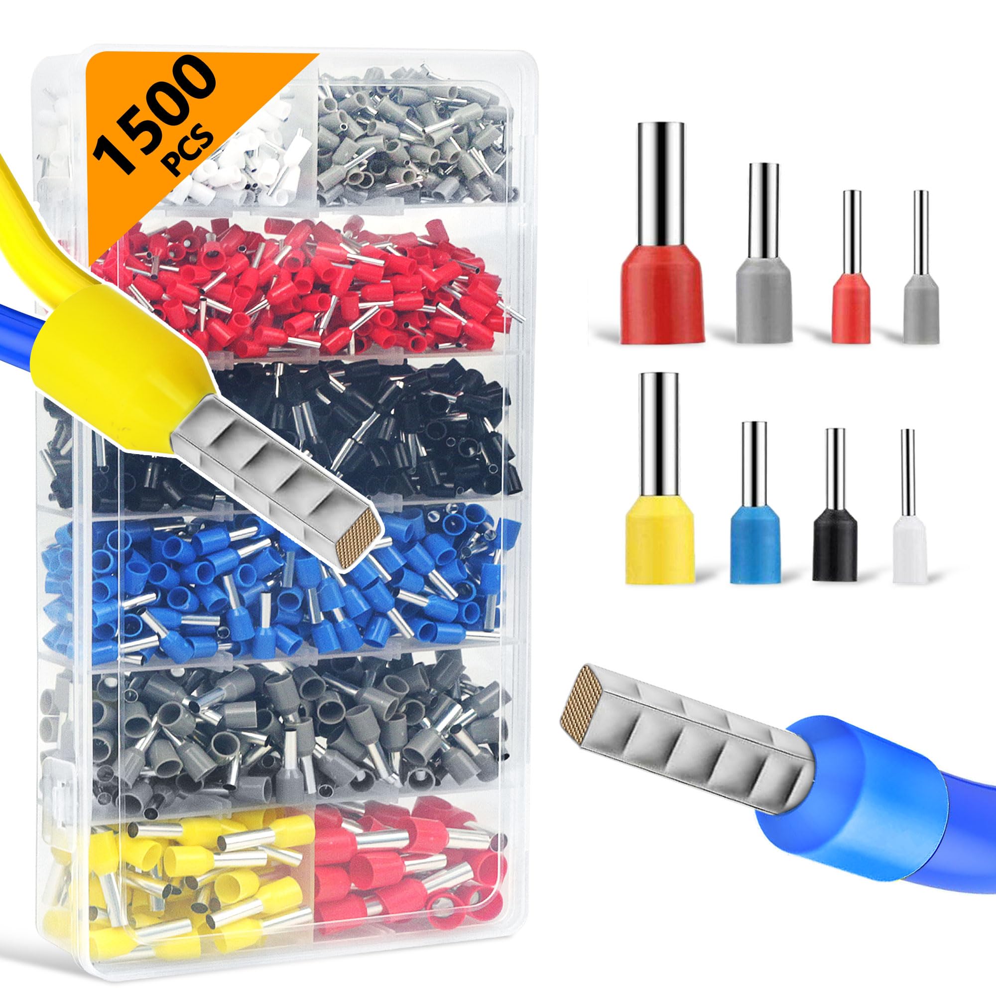 1500 Piece Wire End Ferrules Set, 0.5 mm² - 10 mm² Wire End Ferrules, Insulated Cable Sleeves 22-7 AWG, Wire End Ferrules Assortment for Wire Connection