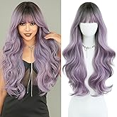 PARK YUN Long Wavy Ombre Purple Wigs with Bangs 28 Inch Light Purple Hair Wig with Dark Root Natural Looking Looking Synthetic Heat Resistant Wigs for Women