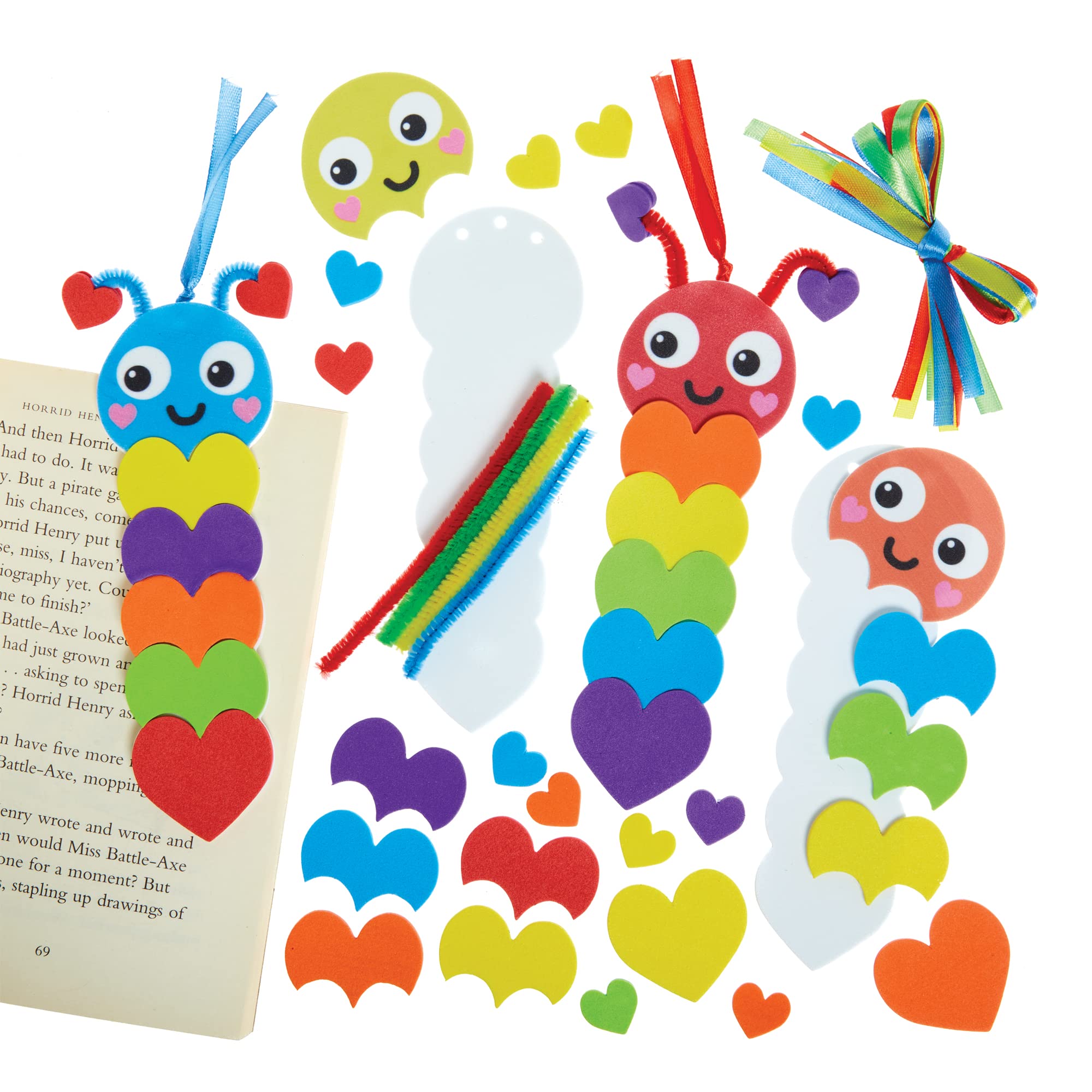 Baker Ross FX455 Caterpillar Rainbow Love Heart Bookmark Kits - Pack of 8, Foam Sticker Craft Kits for Kids