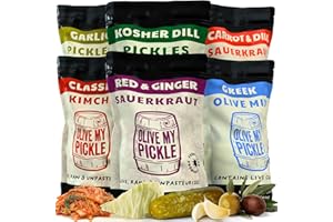 Olive My Pickle Fermented Sauerkraut Organic, Olives & Kimchi | 6 Pack of Carrot & Dill, Red & Ginger Sauerkraut, Garlic & Kosher Dill Pickles, Classic Kimchi & Greek Olive Mix | Sauerkraut Packets