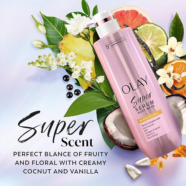 OLAY SUPER SERUM BODY WASH FOR EXTRA DRY SKIN, 24HR LONG LASTING HYDRATION, 5+ INGREDIENT COMPLEX FOR BRIGHT EVEN FIRM LUMINOUS SKIN, WITH VITAMIN E, AND SHEA BUTTER 18.5 FL OZ