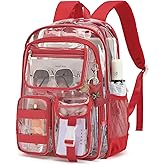 Lroiutian Clear Backpack for School Girls Boys Heavy Duty Transparent Backpack with Multiple Pockets, Lightweight PVC See Through Bookbag for Students-Red
