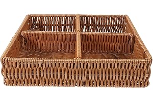 Healifty Handwoven Woven Storage Basket with Compartments, Small Rectangle Wicker Fruit and Snack Organizer