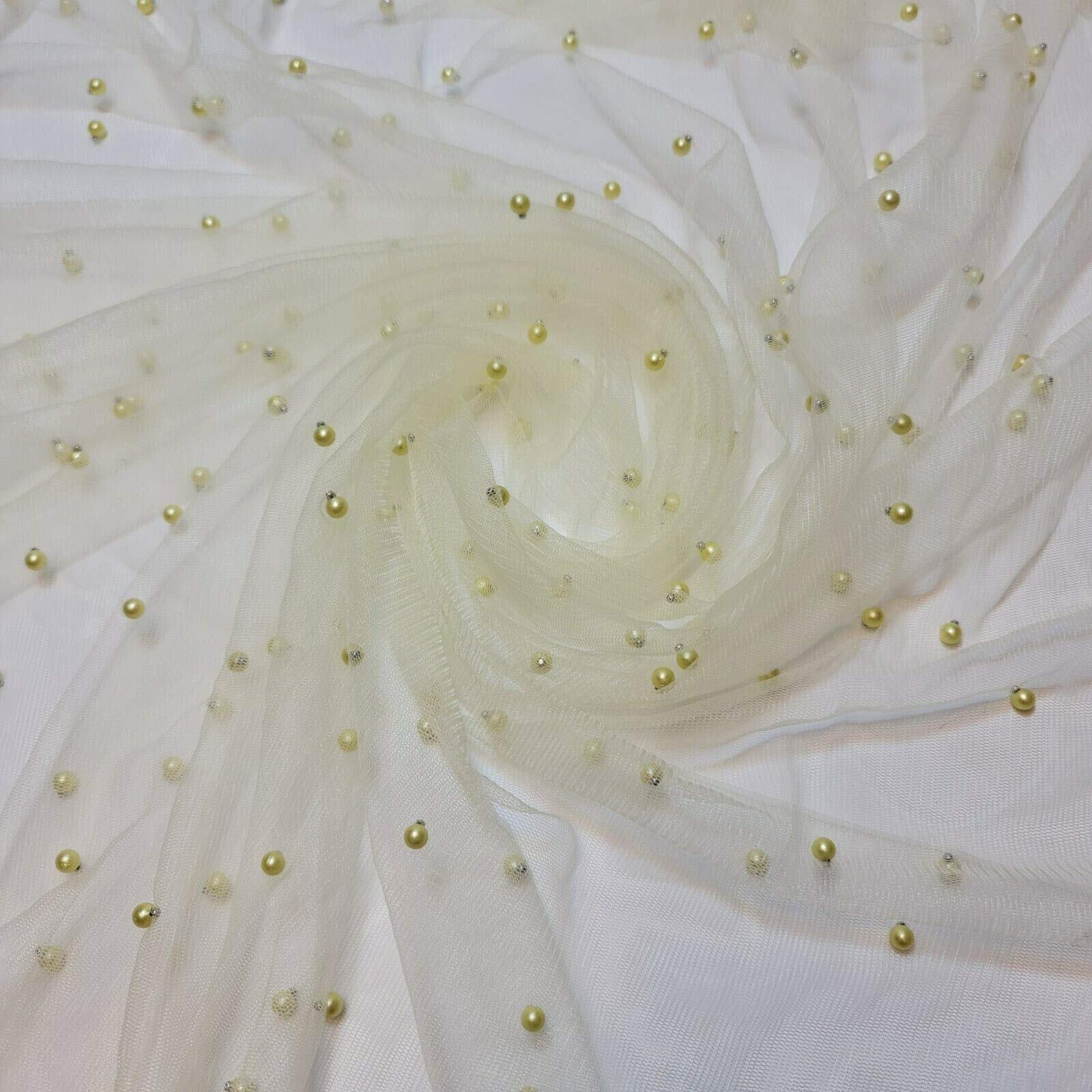 Textile Station 58" Wide Tulle Beaded Pearl Lace Net Fabric Bridal Veil Wedding Backdrop Décor Available in 25 Colours (Lemon, 1 Meter)