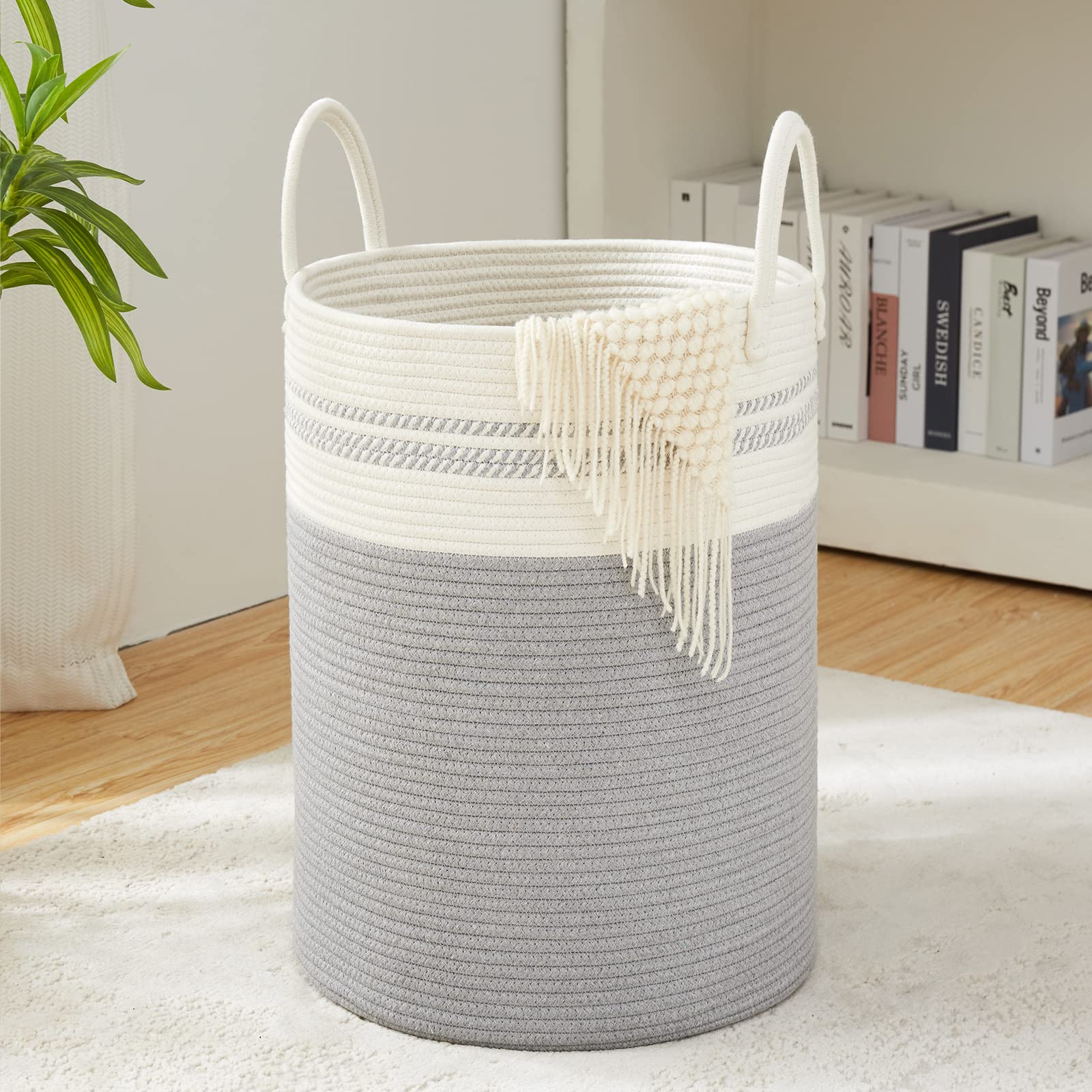 Photo 1 of YOUDENOVA Woven Rope Laundry Hamper Basket, 72L Tall Luandry Basket, Baby Nursery Hamper for Blanket Storage, Clothes Hamper for Laundry in Bedroom-Large-Grey