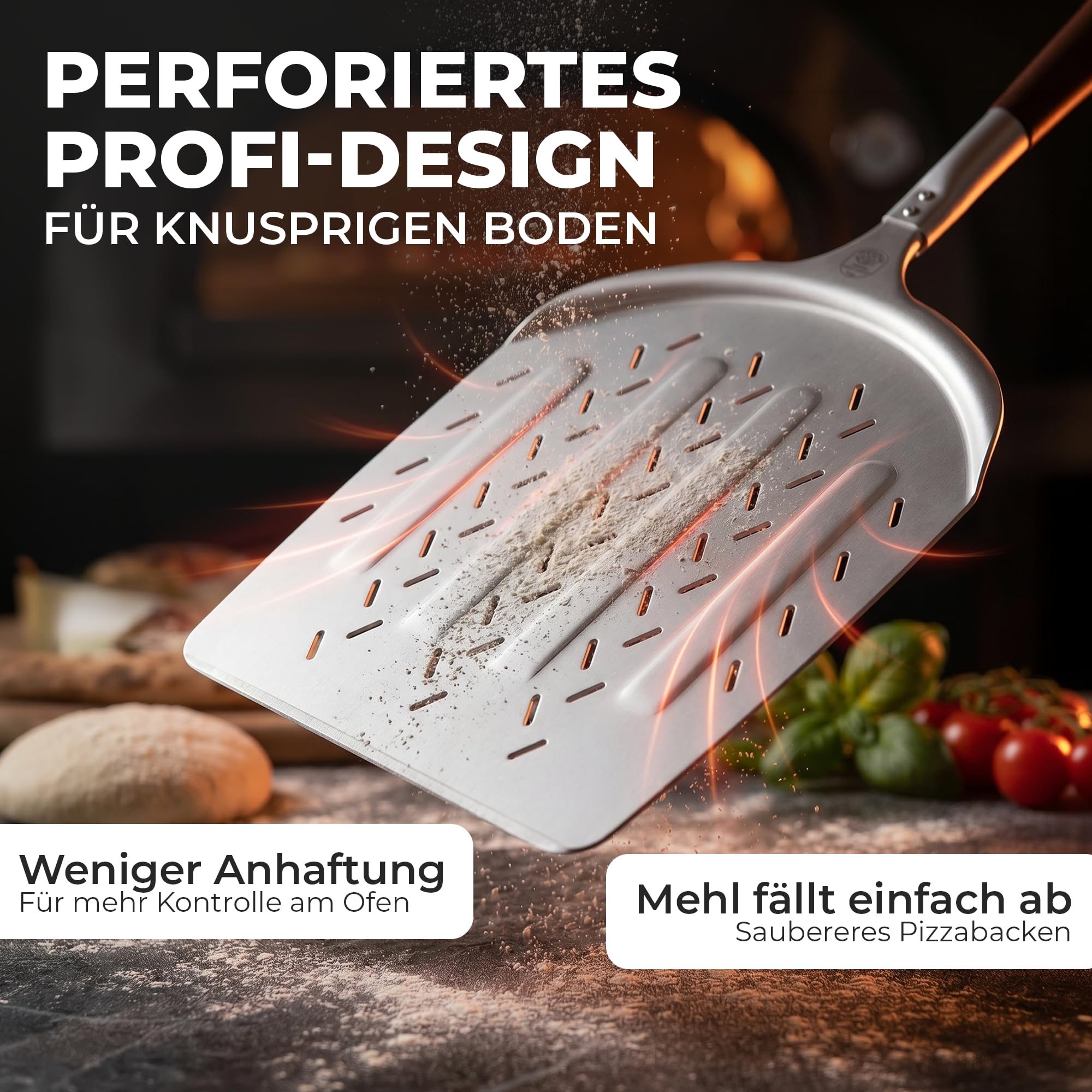 OfenMomente® Pizzaschieber 12 Zoll (30 x 30 cm) - perforierte Pizzaschaufel aus eloxiertem Aluminum mit Akazienholzgriff - Leichter Pizzaheber für Pizzaofen, Gasgrill, Steinofen, Backofen & Grill 3