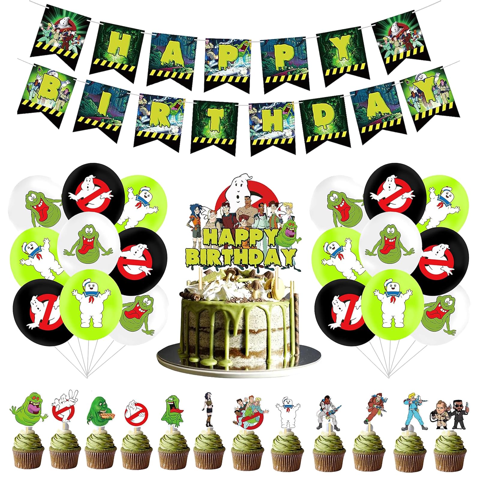 SMLHPARTY Party Supplies: Birthday Banner, Balloons, Cake Toppers - Green, Cartoon Theme