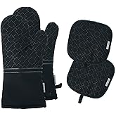 Tormays 4Pcs Oven Mitts and Pot Holders Set, 572F Heat Resistant Oven Glove, Soft Cotton Lining with Non-Slip Surface for Kitchen Baking BBQ (Black)