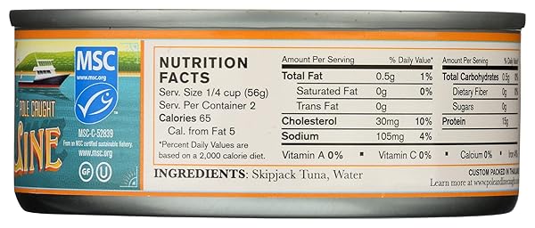 POLE AND LINE SKIPJACK TUNA IN WATER NO ADDED SALT, 5 OZ