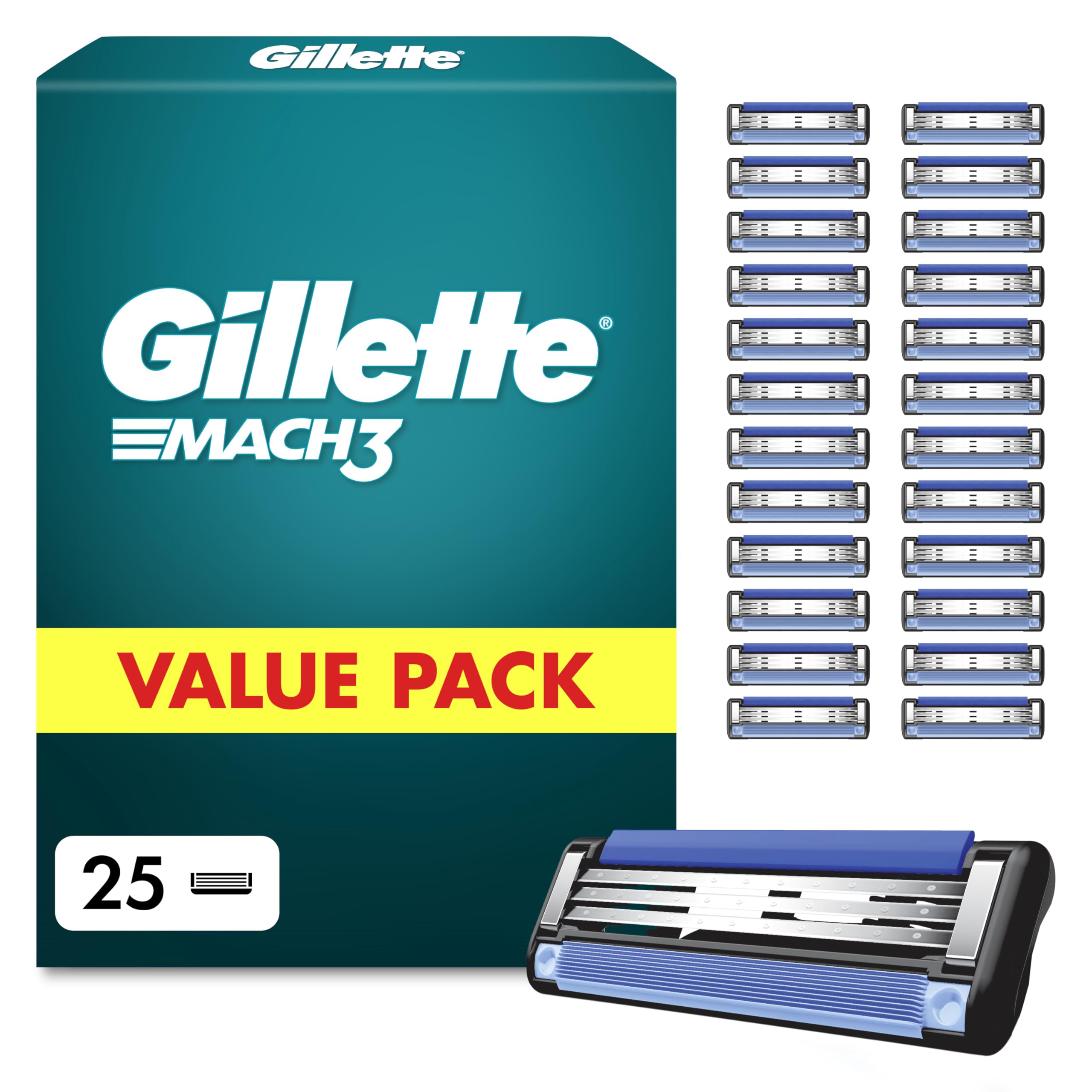 Gillette Mach 3 Klingen Herren, 25 Original Rasierklingen, Blau - Ersatzklingen Männer für Nassrasierer mit Gleitstreifen für Ein Sanftes Gleiten Und Klingenbeschichtung