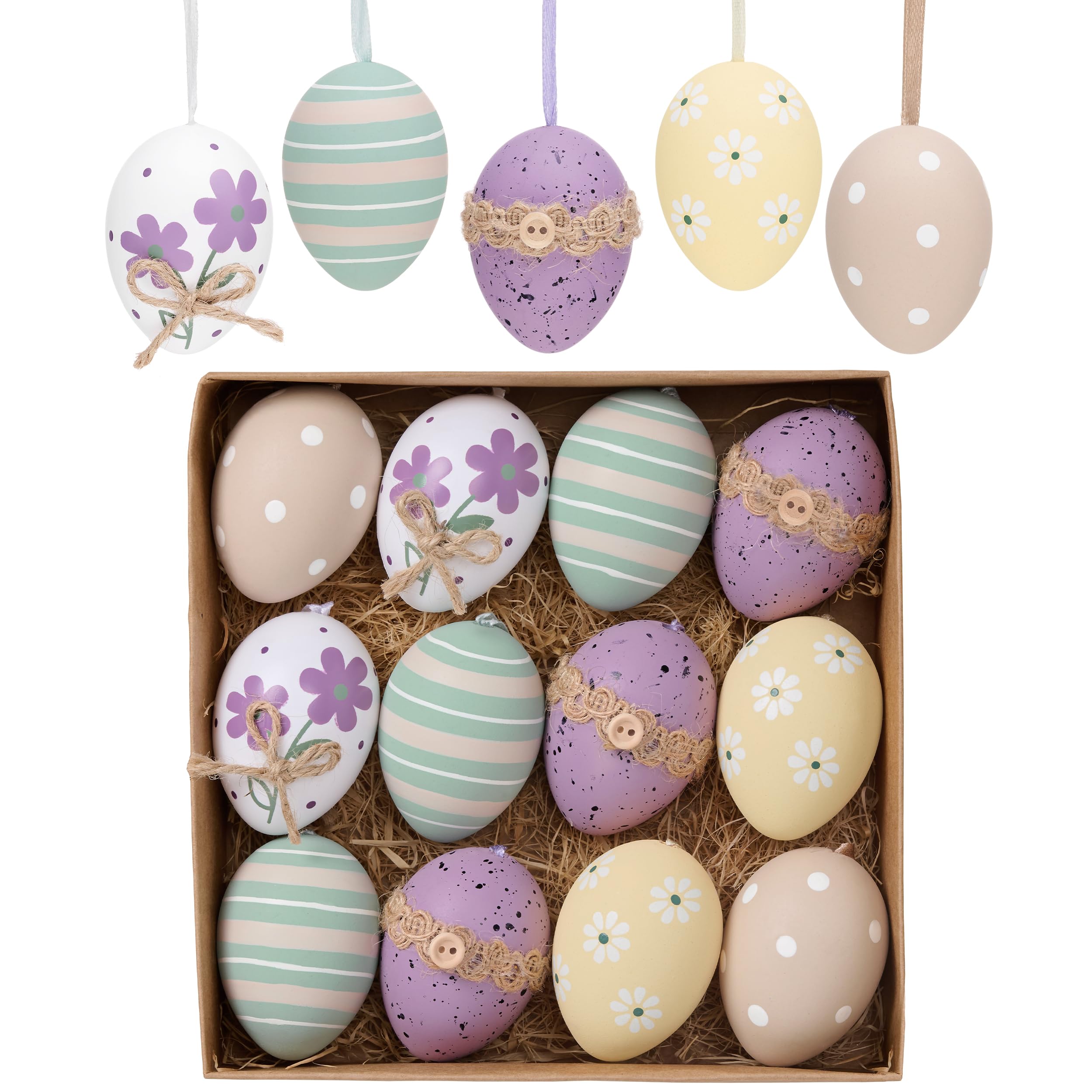 Valery Madelyn 12Pcs Plastic Easter Eggs Ornaments Tree Decoration, 2.36" Colorful Purple Yellow Easter Eggs Bulk, Shatterproof Decorative Hanging Decorations for Spring Holiday Party Decor