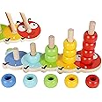 TOWO Wooden Stacking Rings Baby –Lovely Caterpillar Counting Game - Colour Sorting Puzzle - 5 Pegs Ring Stacker - Counting Rings Early Learning Wooden Toys for 1 Year Old Gift First Birthday Boy Girl