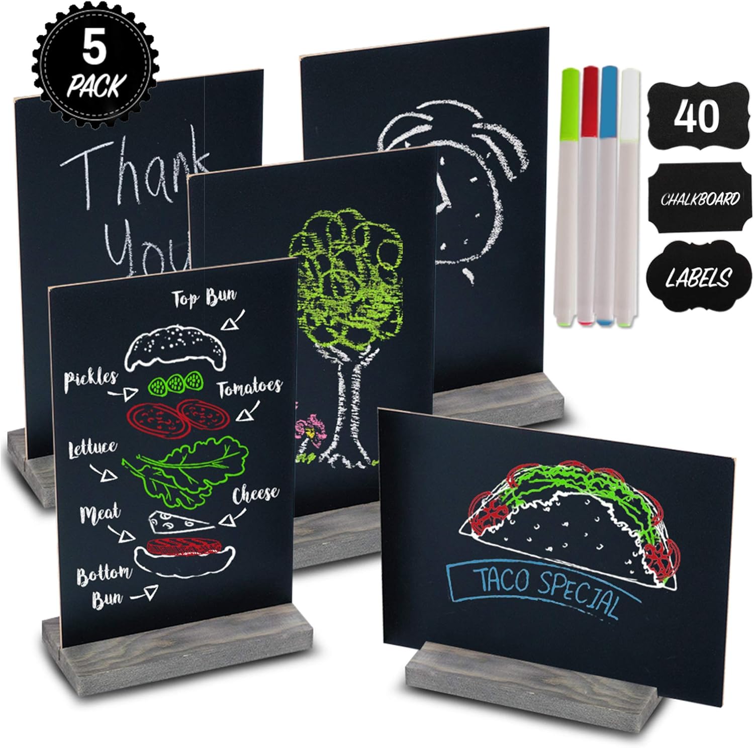 Mini Chalk Board Signs (Set of 5) With 4 Chalk Markers And 40 Chalkboard Labels - Two-Sided Chalkboard Sign for Wedding Table - Multisize 6x9" or 9x6" Blackboard! Small Tabletop Chalkboards with Stand : Office Products