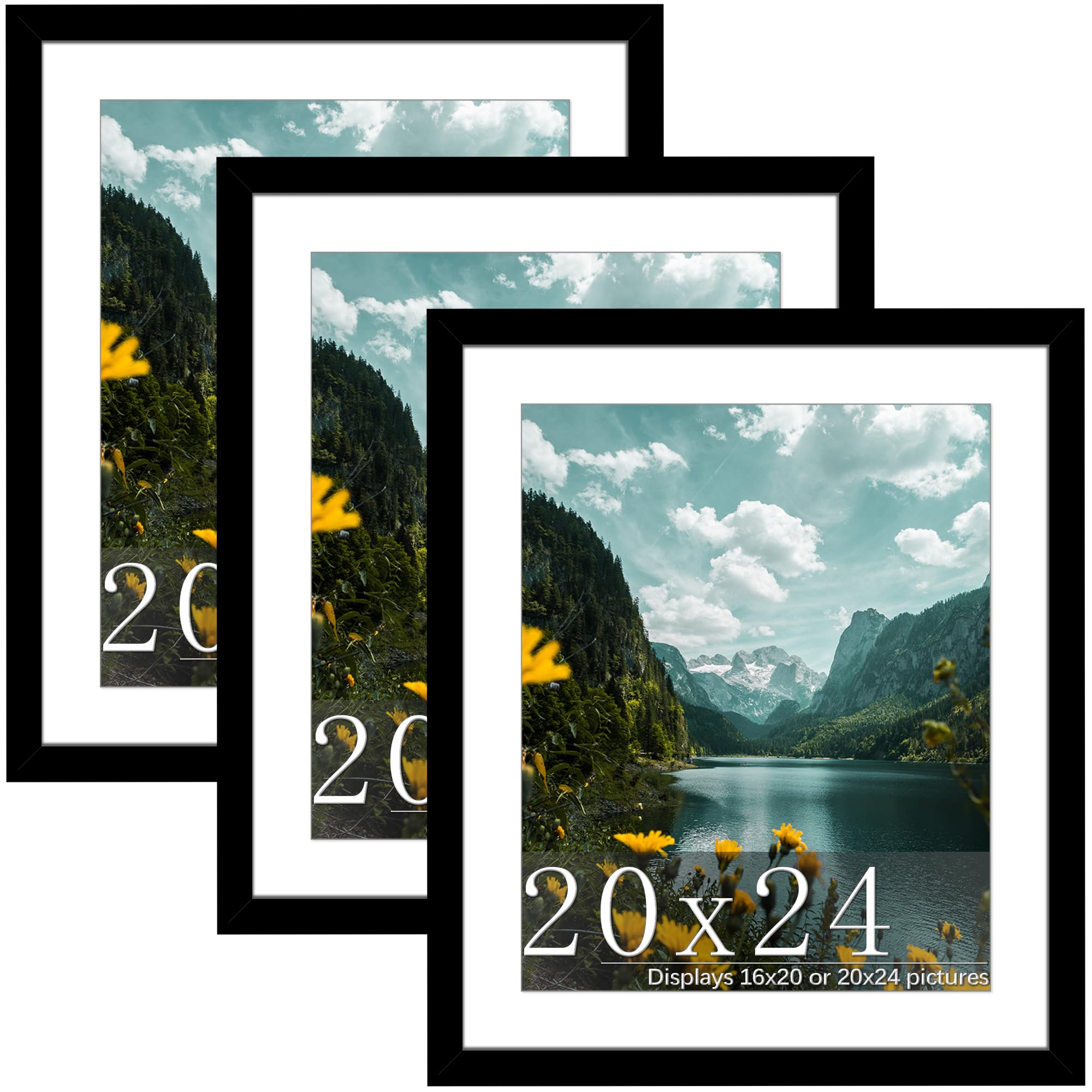 Photo 1 of Picrit 20x24 Picture Frame 3 Pack, Black Poster Frame, Display Poster 16 x 20 with Mat or 20 x 24 without Mat for Horizontal or Vertical Wall Mounting