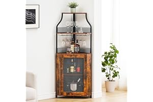 GarveeHome Corner Wine Cabinet with Detachable Wine Rack, 5-Tier Industrial Corner Bar Cabinet with Barn Door and Glass Holder, Farmhouse Buffet Cabinet and Home Bar, Rustic Brown