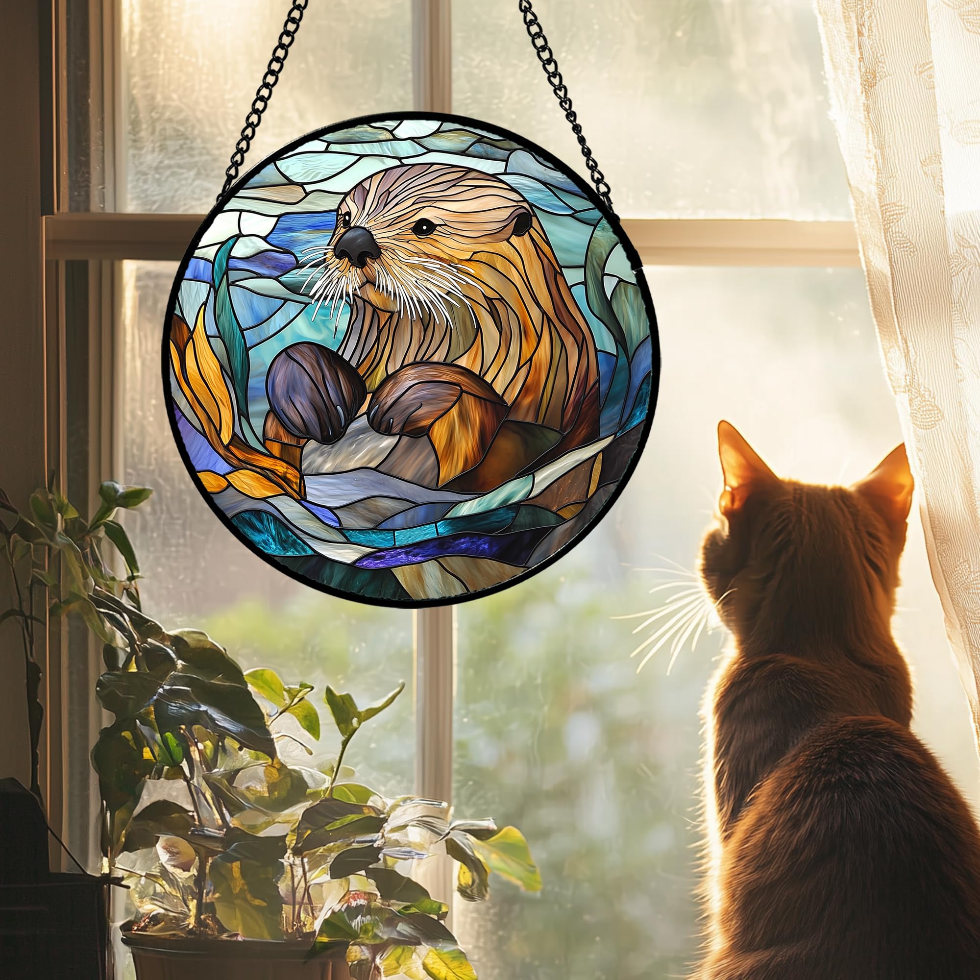 AMDERVEN Stained Glass Suncatcher, Blue Ocean Cute Sea Otter Sun Catcher Stain Glass Window Hanging Decoration Mother's Day Birthday Gifts for Women Men Mom Nana 9.8 in Image