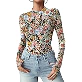 Zeagoo Womens Floral Mesh Long Sleeve Tops See Through Going Out Blouses Mock Neck Sheer Party Outfits Shirts S-XXL