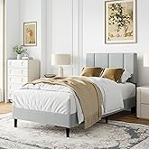 IOILORI Twin Size Bed Frame Platform with Velvet Upholstered Headboard, Sturdy Wooden Slats, No Spring Box, No Noise, Easy to Assemble, Bedframe with Strong Wooden Slats, Light Gray