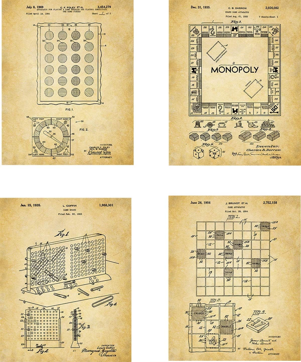 Classic Board Games Patent Wall Art Prints - set of Four (8x10) Unframed - wall art decor for game fans