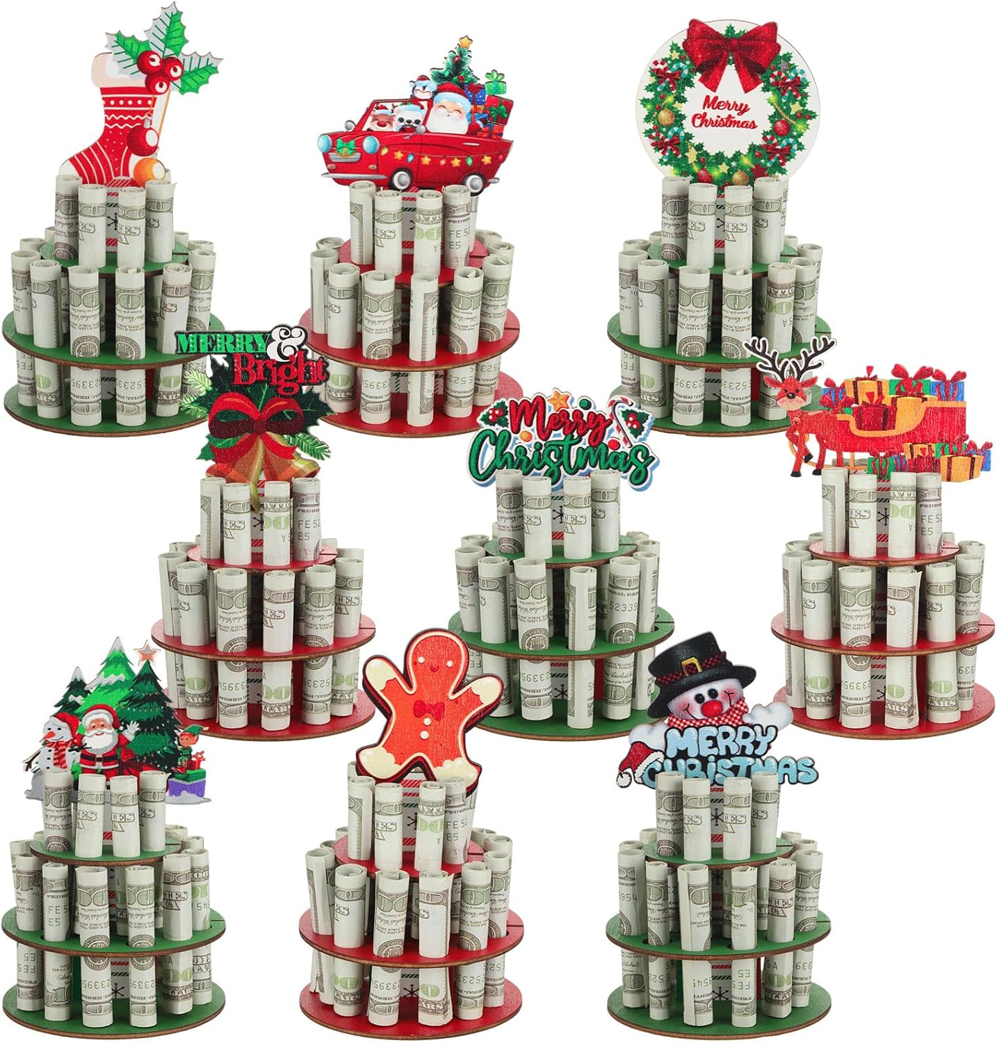 Tree Stands - Dandat 9 Pcs Wooden Christmas Money Holder Christmas Party Cash Cake Colorful Merry Christmas Money Holder Gift