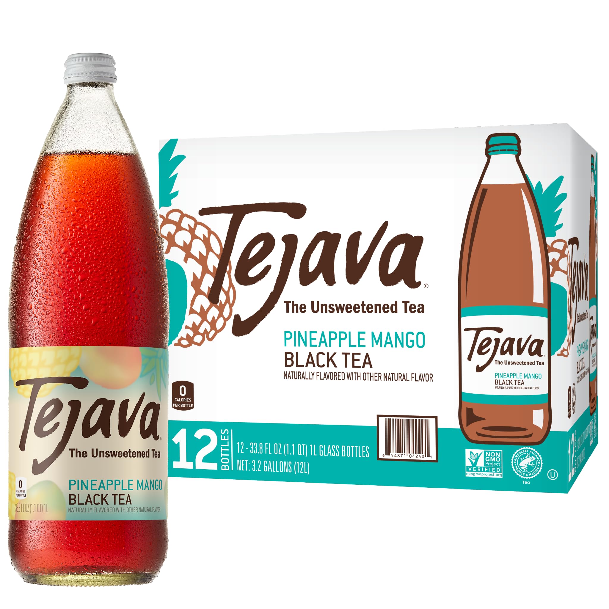 Photo 1 of Tejava Pineapple Mango Black Iced Tea, 12 Pack, 1 Liter Glass Bottles, Unsweetened, Non-GMO, Kosher, No Sugar or Sweeteners, No calories, No Preservatives, Brewed in Small Batches