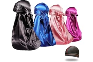 FORCEWAVE 4PCS Silky Durags for Men Women 360 Waves with 1 Wave Cap, Silky Satin Durag Extra Long Tails