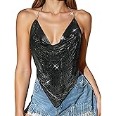 Ausing Women Sequin Deep V Backless Tank Top Vest Shiny Metallic Chain Strap Sexy Halter Top Party Nightclub XS-L