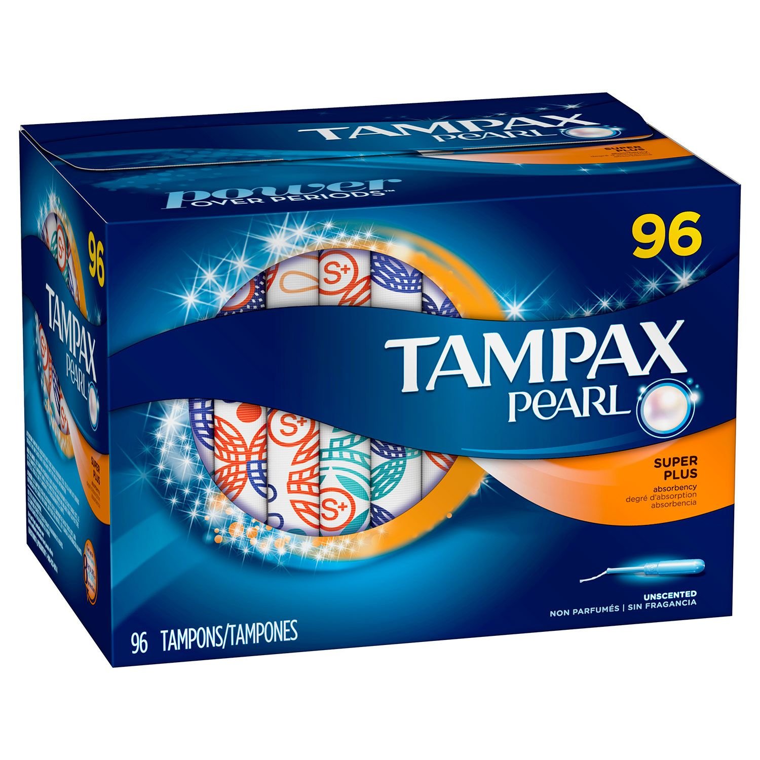 Tampax Pearl Unscented Tampons, Super Absorbency (96 ct) (Pack of 3)