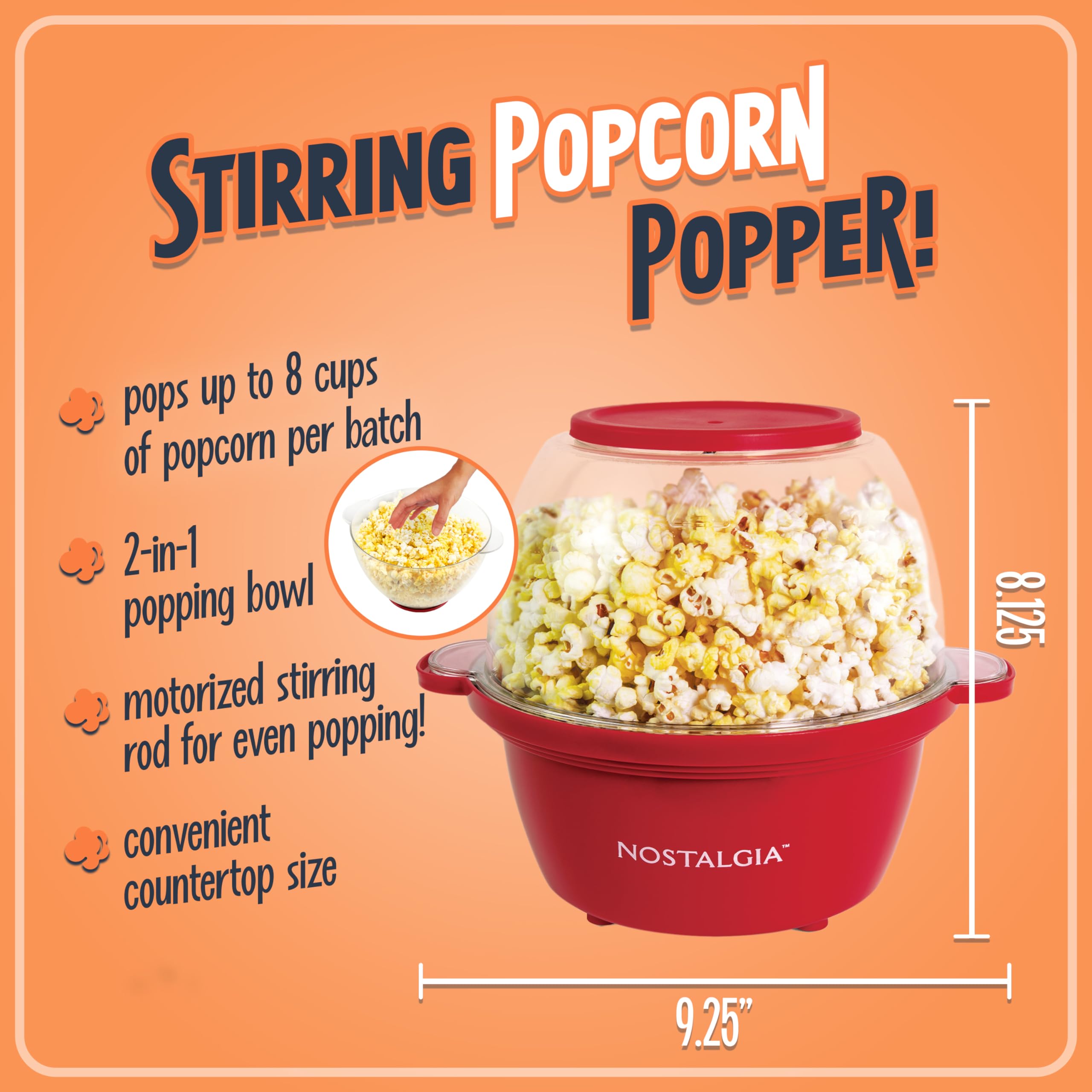 Nostalgia Electric Non Stick Stirring Popcorn Maker for 8 Cups of Theater Style Popcorn with Hot Oil - Dual-Use Lid & Serving Bowl Cool Touch Handles - Easy to Store - Red