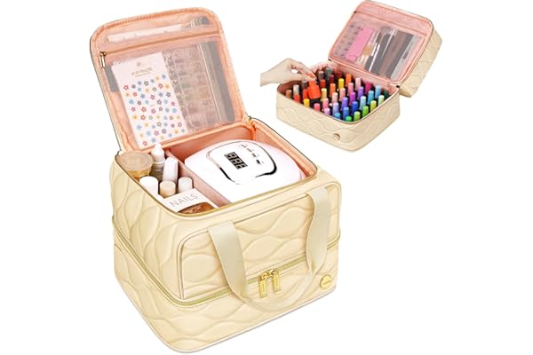 YOREPEK Nail Polish Organizer Case Holds 42+ Bottles (15ml/0.5 fl.oz), 2-Layer Nail Kit Bag with Compartments for Nail Supplies, UV Lamp, Nail Tech Organizers and Storage for Manicure Tools, Beige