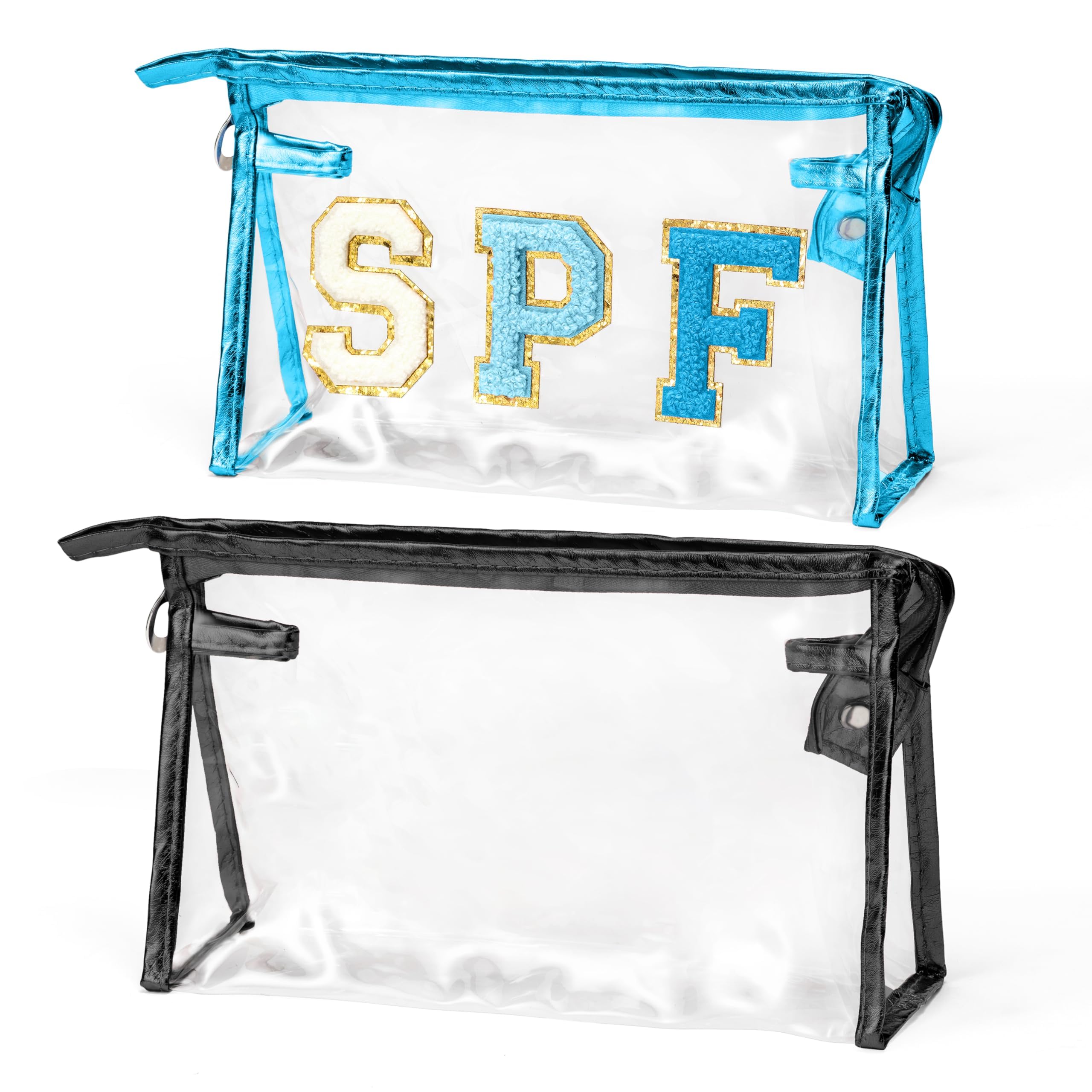 Photo 1 of AsodSway Preppy Patch Cosmetic Bags - 2Pcs Summer SPF Chenille Varsity Letter Blue Toiletry Bag Black Large Clear Waterproof Portable Makeup Bag Zipper Clutch Purse Travel Beach Bag for Women Girls