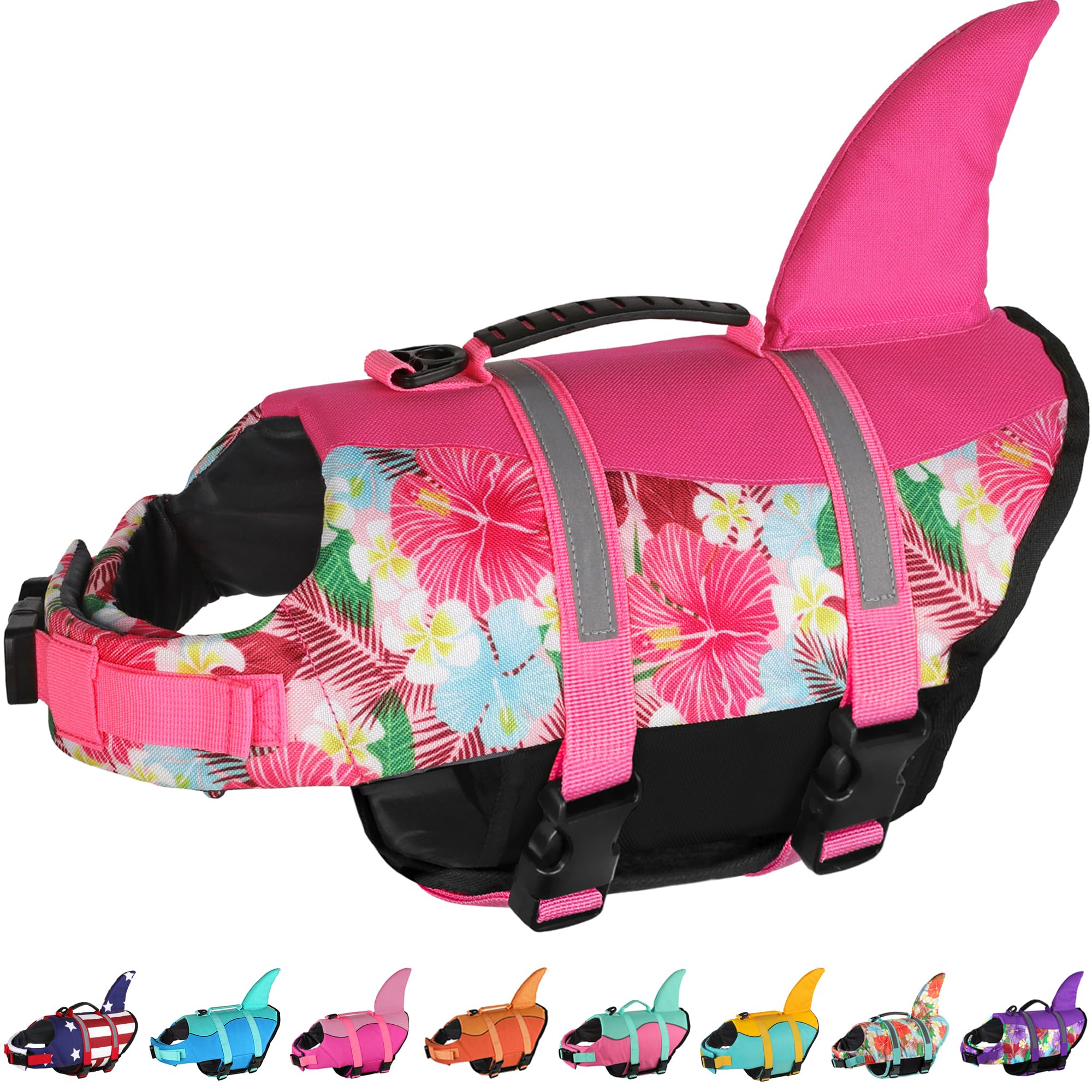 Dogcheer Dog Life Jacket Shark, Hawaiian Style Dog Life Vest for Swimming Boating with Superior Buoyancy and Rescue Handle, Reflective Pet Swim Vest for Small Medium Large Dogs - Flower Pink, L Image