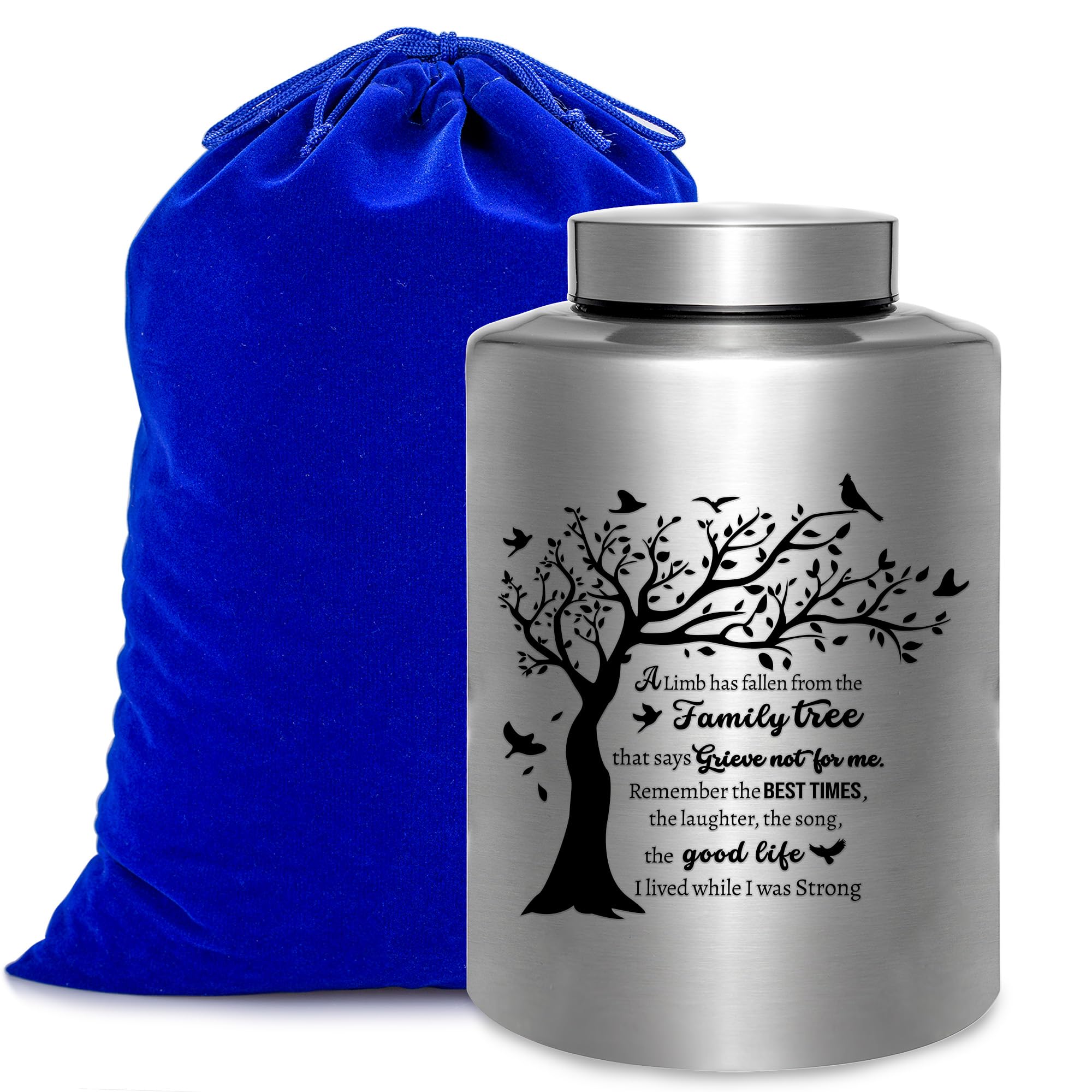 Gredstar Medium Adult Cremation Urn for Human Ashes - Handcrafted Tree of Life Memorial Urn, Silver Burial & Keepsake Urns with Velvet Bag