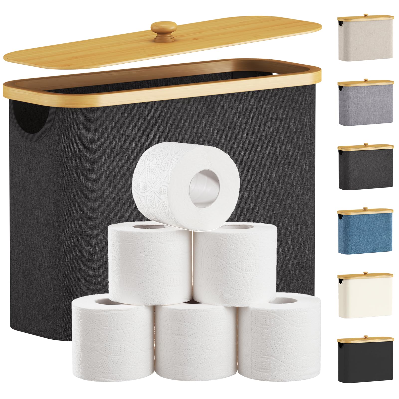 Lifewit Toilet Roll Storage, Bathroom Storage Box Holder Stand with Lid, Bamboo Multifunctional Toilet Paper Basket Cabinet with Handle, Dark Grey, 23L