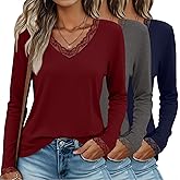 Oakgarden 3 Pack Long Sleeve Shirts for Women V Neck Lace Trim Loose Dressy Business Casual Top Blouse Fall Trendy Basic Tee