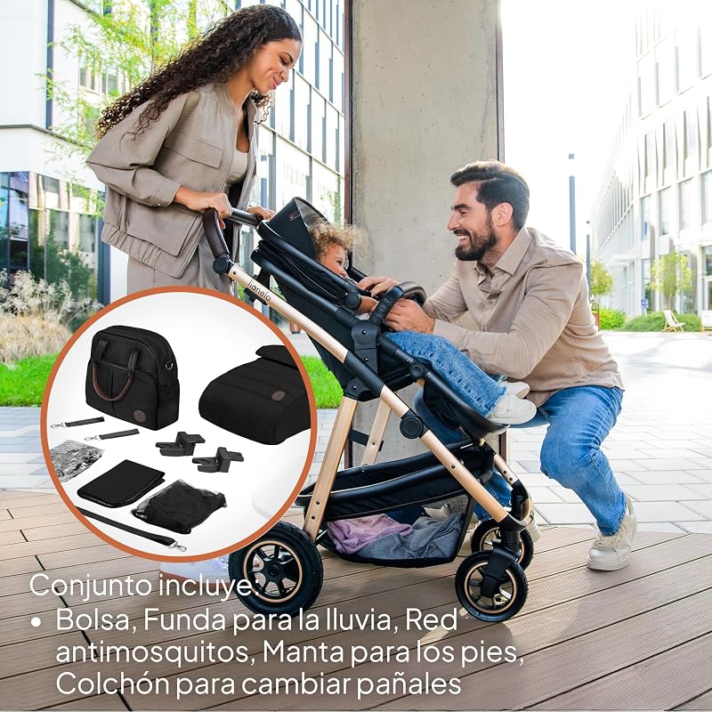 Amber Coche de bebé multifuncional 2 en 1 Conjunto silla de paseo con el Asiento de Cubo e Capazo Manillar regulable Bolsa Mosquitero Protector de lluvia