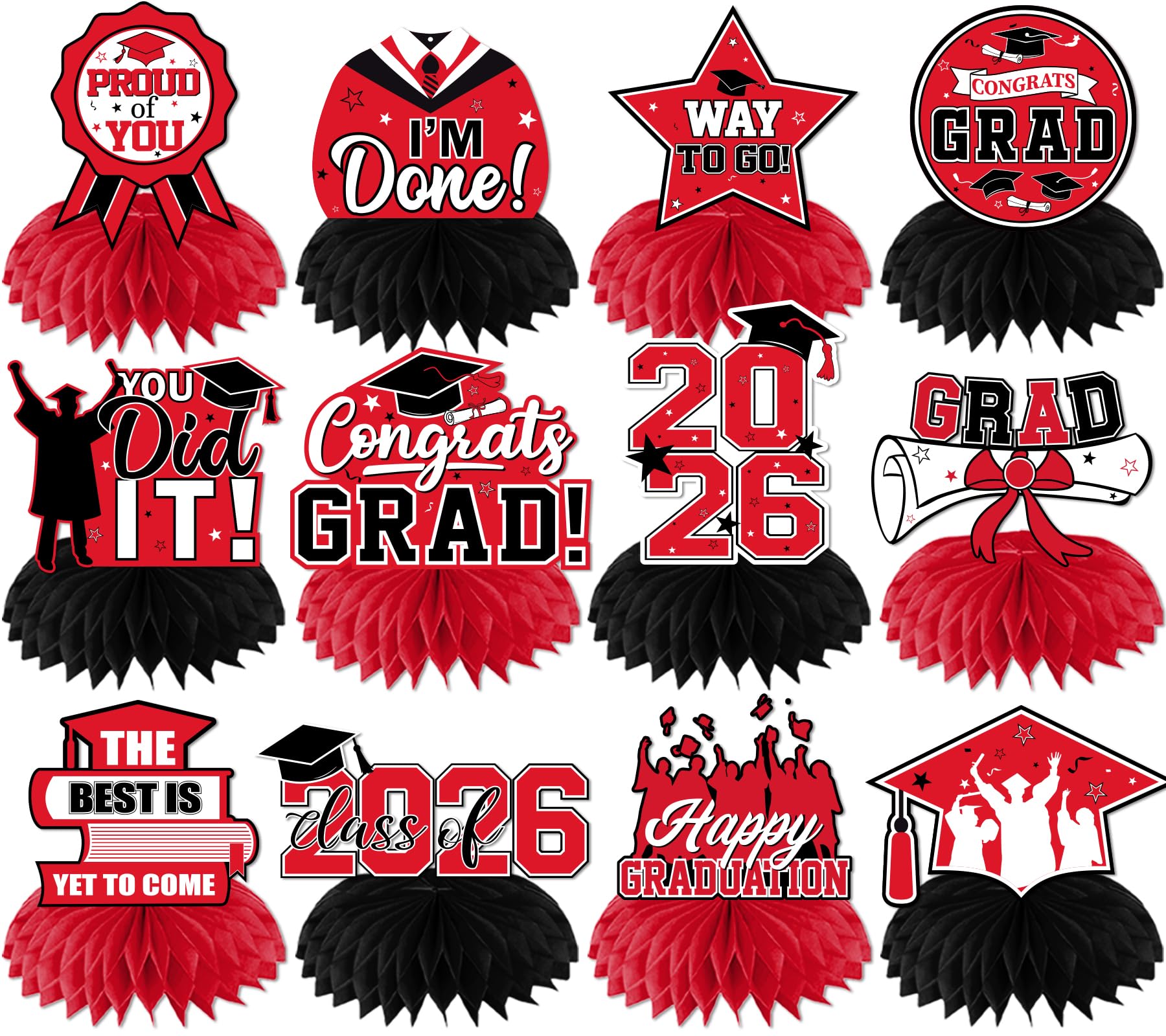 Photo 1 of 12Pcs Red and Black Graduation Decorations 2026 Honeycomb Centerpieces, Class of 2026 Graduation Centerpieces for Tables Red Congrats Grad Graduation Table Decorations, Red Graduations Table Toppers