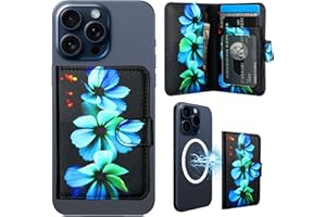 HAOPINSH for MagSafe Wallet Magnetic Wallet Card Holder, Blue Florals Pattern Detachable Adjustable Flip Leather iPhone Kickstand Mag Safe Card Slots RFID Blocking for iPhone 15/14/13/12 Series