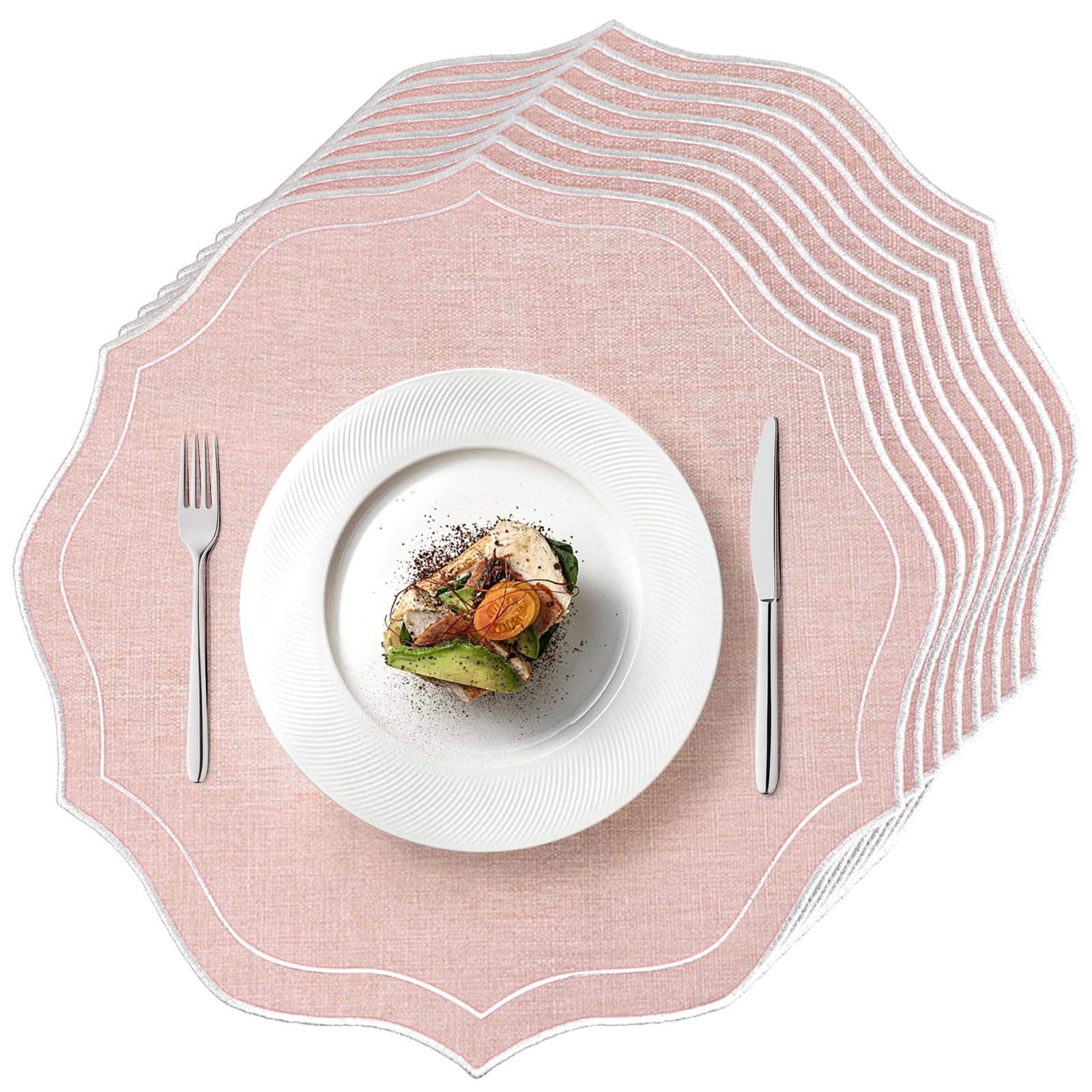 Photo 1 of Set of 8 Cotton Linen Placemats, 15x15 Round Scalloped Cloth Table Mats, Embroidery Machine Washable, Wrinkle Resistance Fabric Place Mats for Wedding Summer Baby Shower Party Table Decor-Pink