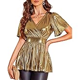 SEXYCHRM Glitter Peplum Tops for Womens - Sparkly V Neck Shirts Ruffle Sleeve Blouse Wrap Tunic Metallic Cocktail Party Tops