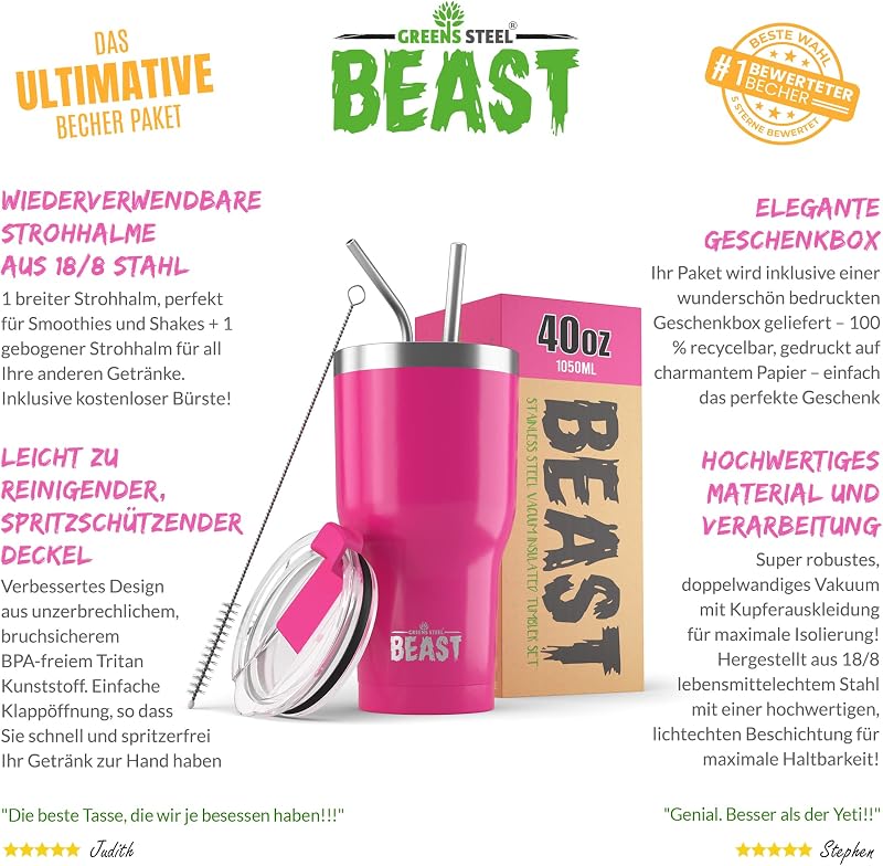 Beast Tumbler – 1050 ml (40 oz), Cup Cake Pink | Wiederverwendbarer Edelstahl, vakuumisolierter Becher | mit 2 Strohhalmen & Reinigungsbürste | Doppelwandiger Reise-Thermobecher