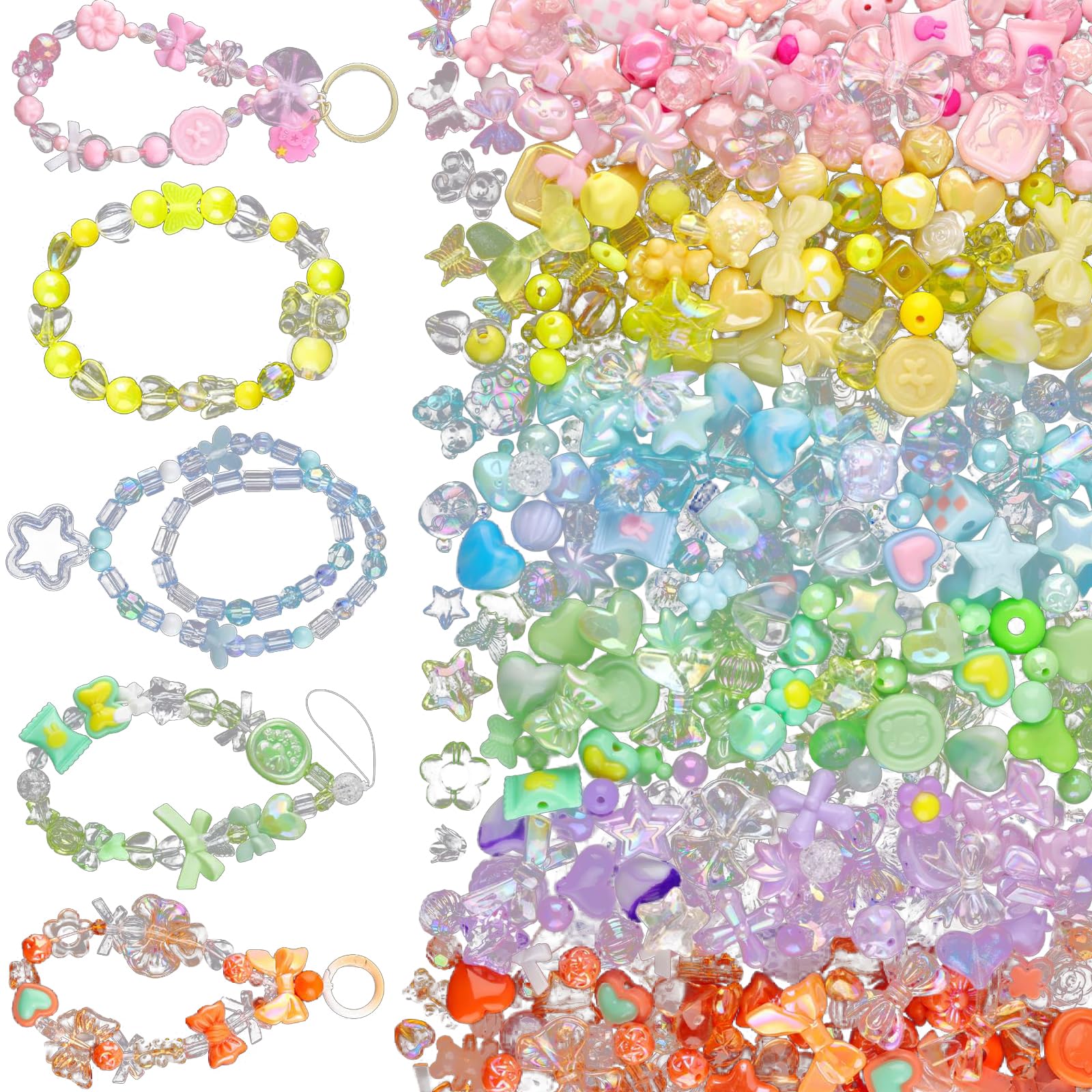 Calkkrer About 180 Pieces Cute Acrylic Beads, Colourful Beads for Bracelets, Charm Set with Flowers, Hearts and Butterflies, DIY Pendants for Bracelets and Keyrings