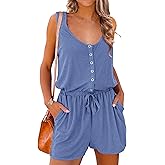 PRETTYGARDEN Women's Summer Casual Shorts Jumpsuit Plain Scoop Neck Button Down Sleeveless Tank Top Rompers With Pockets